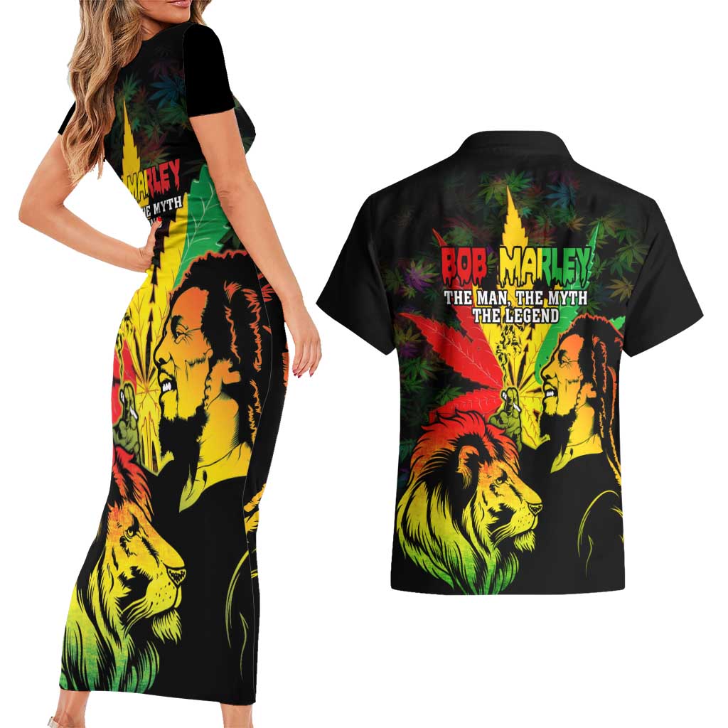 Jamaica Legend Bob Couples Matching Short Sleeve Bodycon Dress and Hawaiian Shirt Lion With Cannabis Leaf Pattern LT14