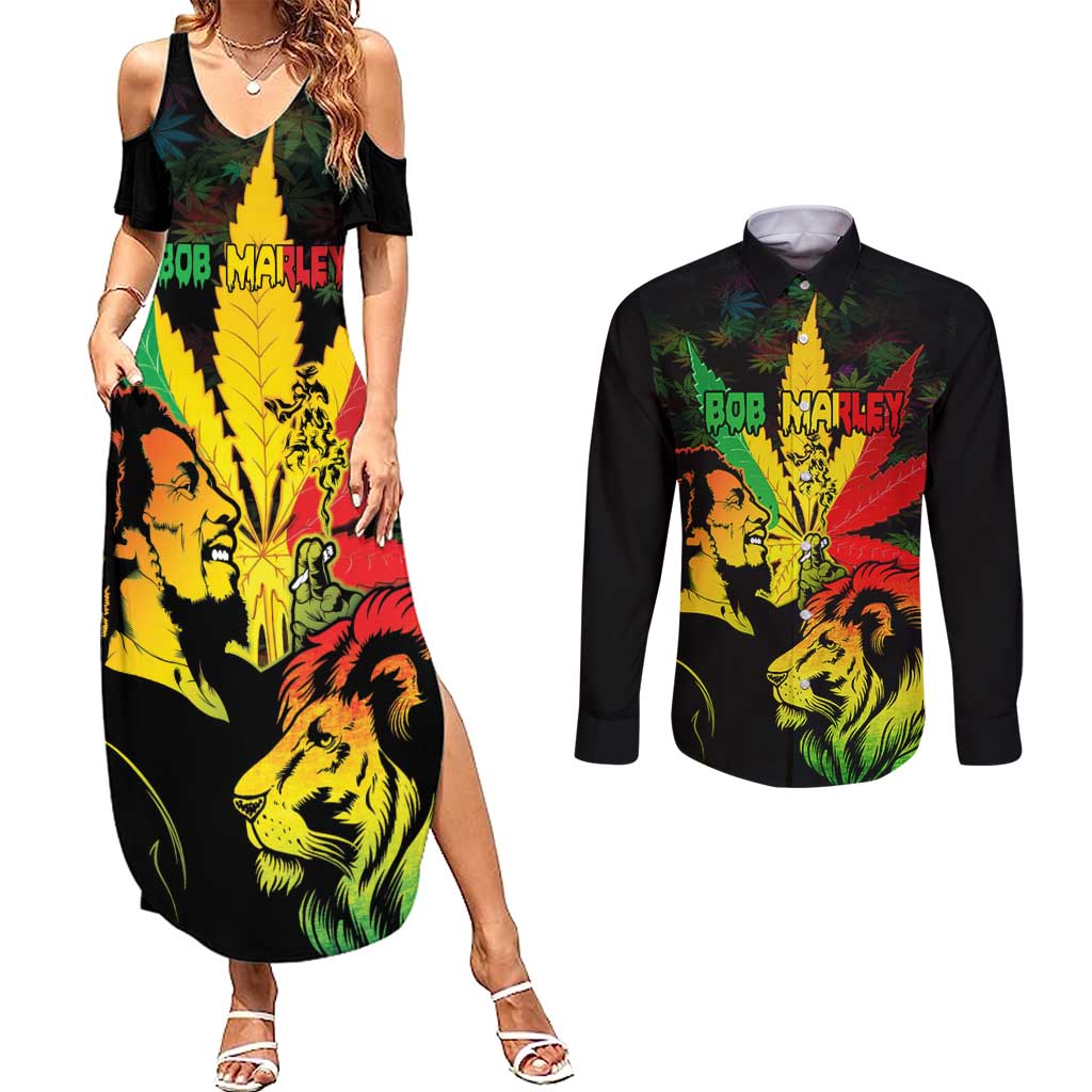 Jamaica Legend Bob Couples Matching Summer Maxi Dress and Long Sleeve Button Shirts Lion With Cannabis Leaf Pattern LT14