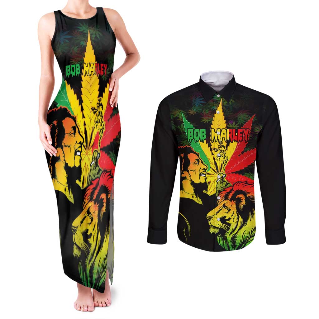 Jamaica Legend Bob Couples Matching Tank Maxi Dress and Long Sleeve Button Shirts Lion With Cannabis Leaf Pattern LT14