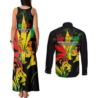 Jamaica Legend Bob Couples Matching Tank Maxi Dress and Long Sleeve Button Shirts Lion With Cannabis Leaf Pattern LT14