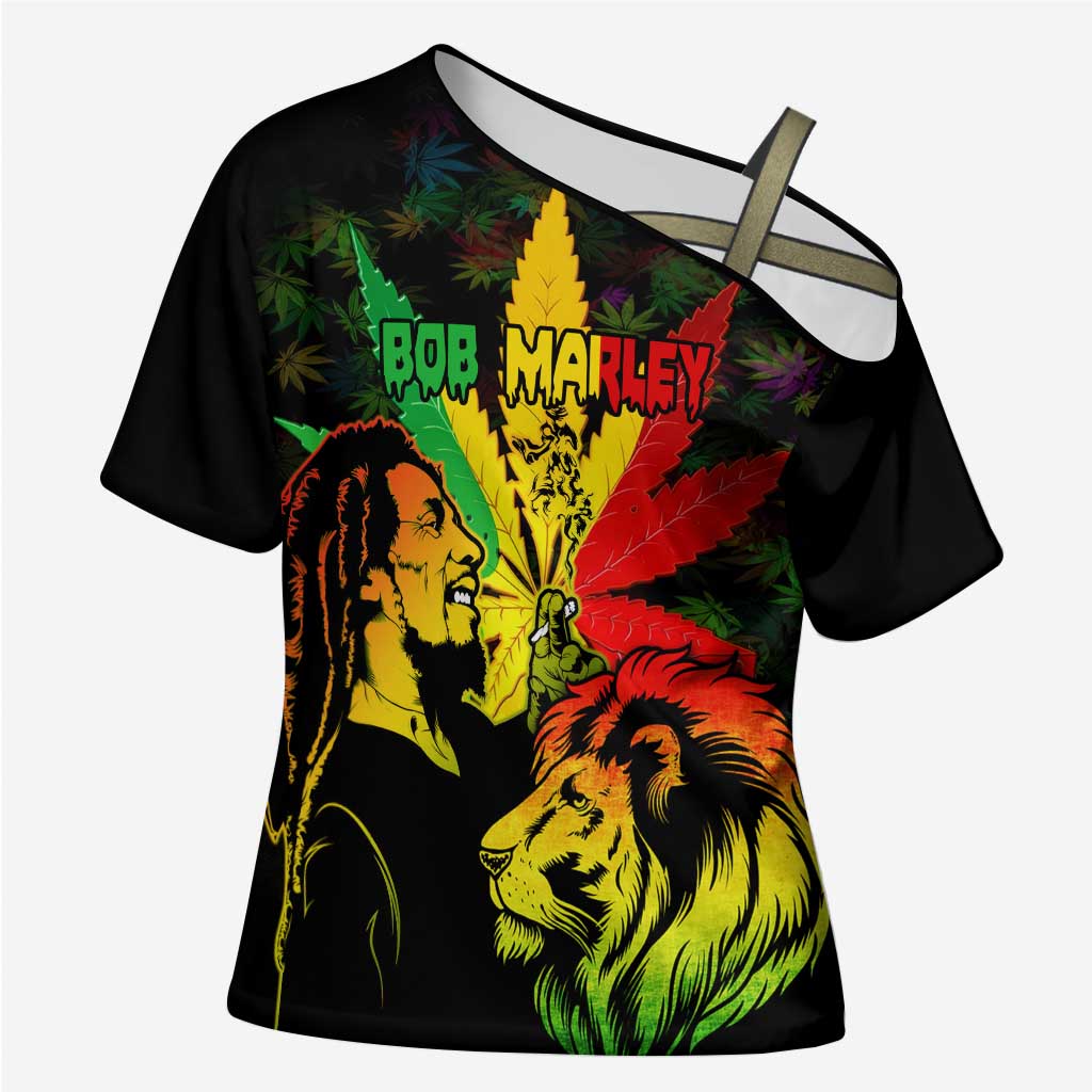 Jamaica Legend Bob Cross Shoulder Shirt Lion With Cannabis Leaf Pattern - Wonder Print Shop