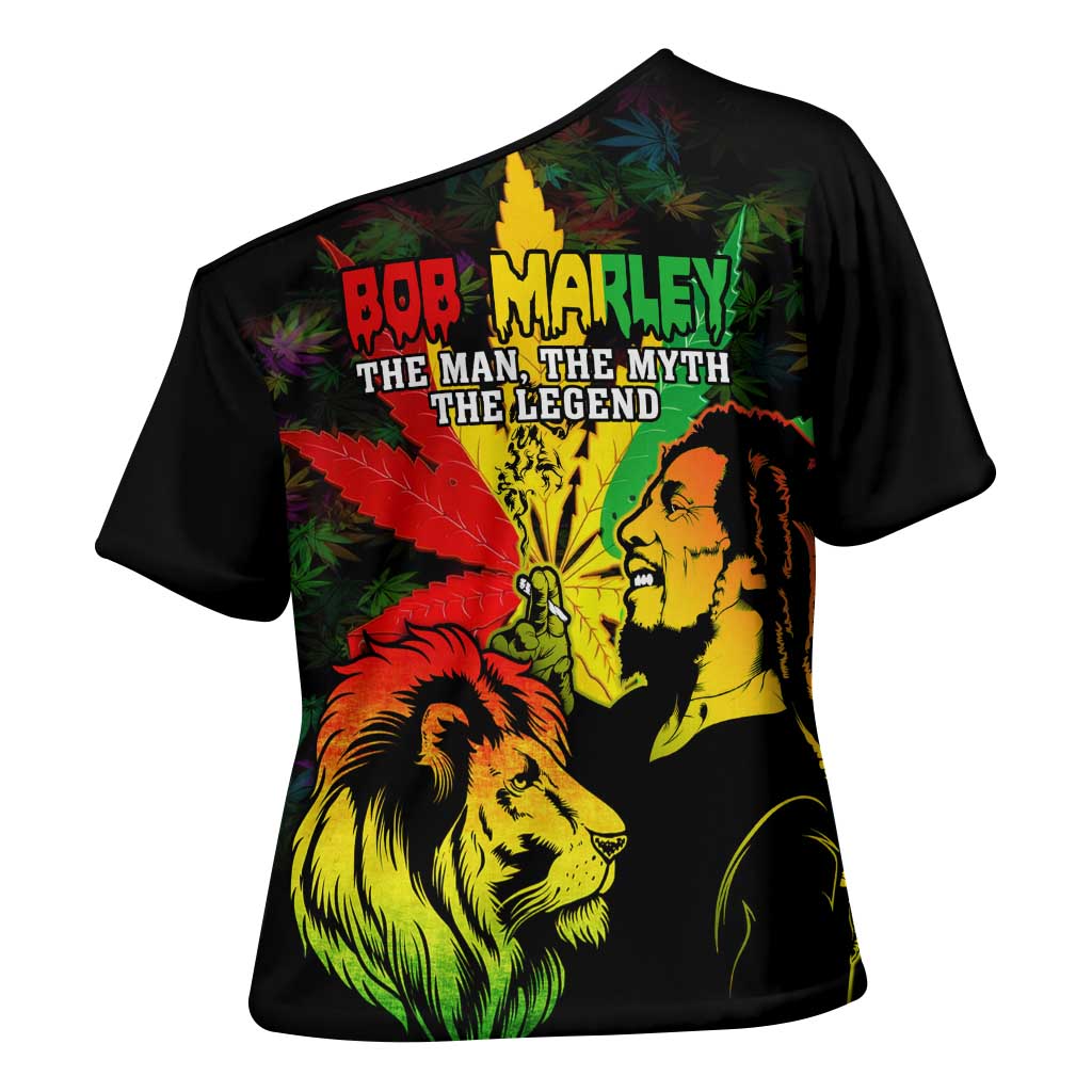 Jamaica Legend Bob Cross Shoulder Shirt Lion With Cannabis Leaf Pattern - Wonder Print Shop