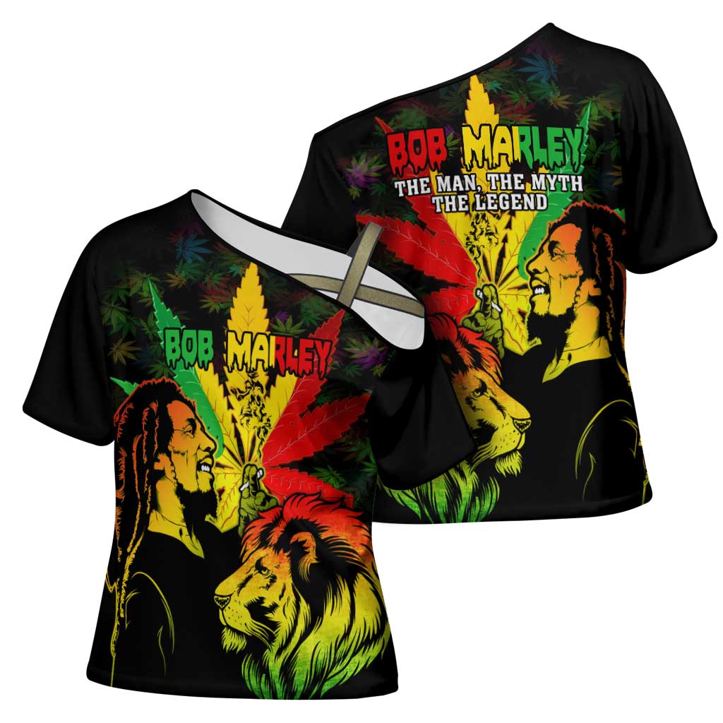 Jamaica Legend Bob Cross Shoulder Shirt Lion With Cannabis Leaf Pattern - Wonder Print Shop
