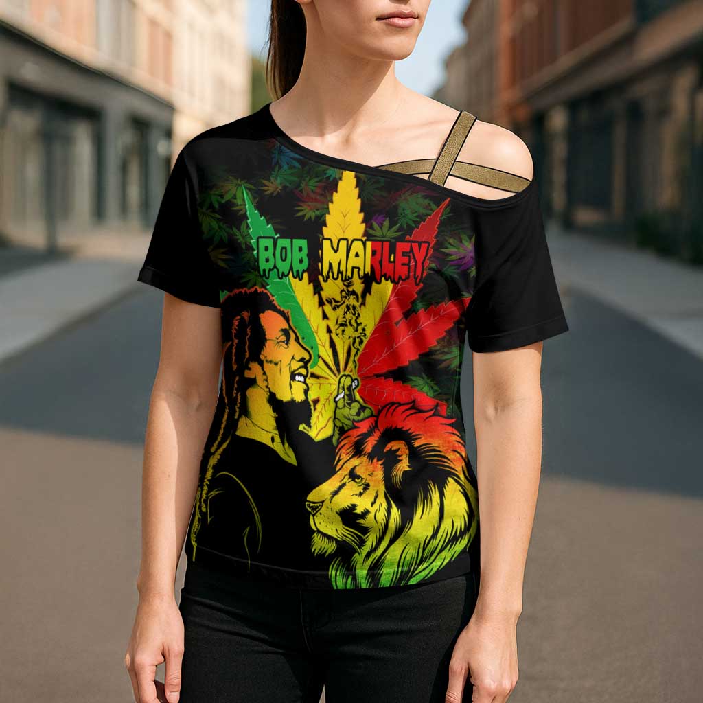 Jamaica Legend Bob Cross Shoulder Shirt Lion With Cannabis Leaf Pattern - Wonder Print Shop