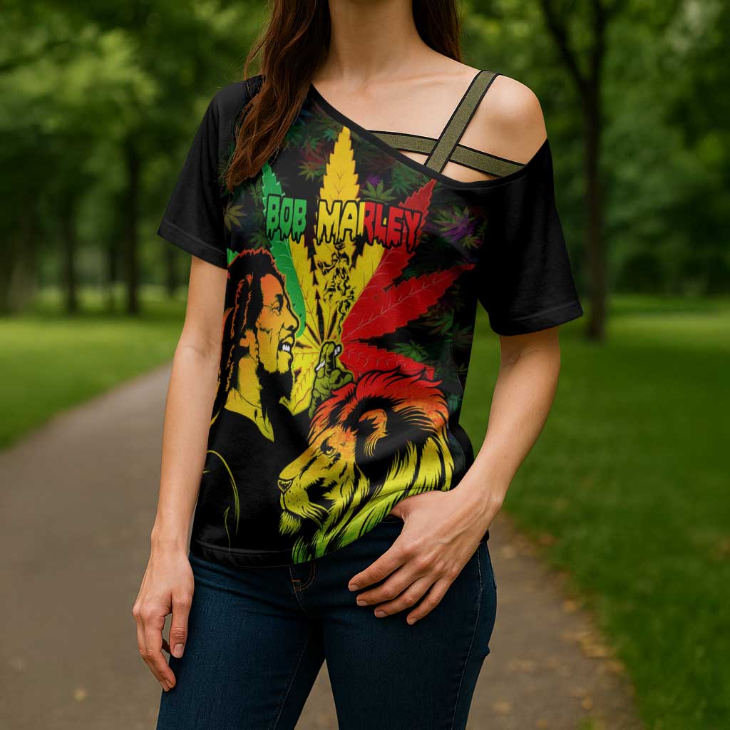 Jamaica Legend Bob Cross Shoulder Shirt Lion With Cannabis Leaf Pattern - Wonder Print Shop
