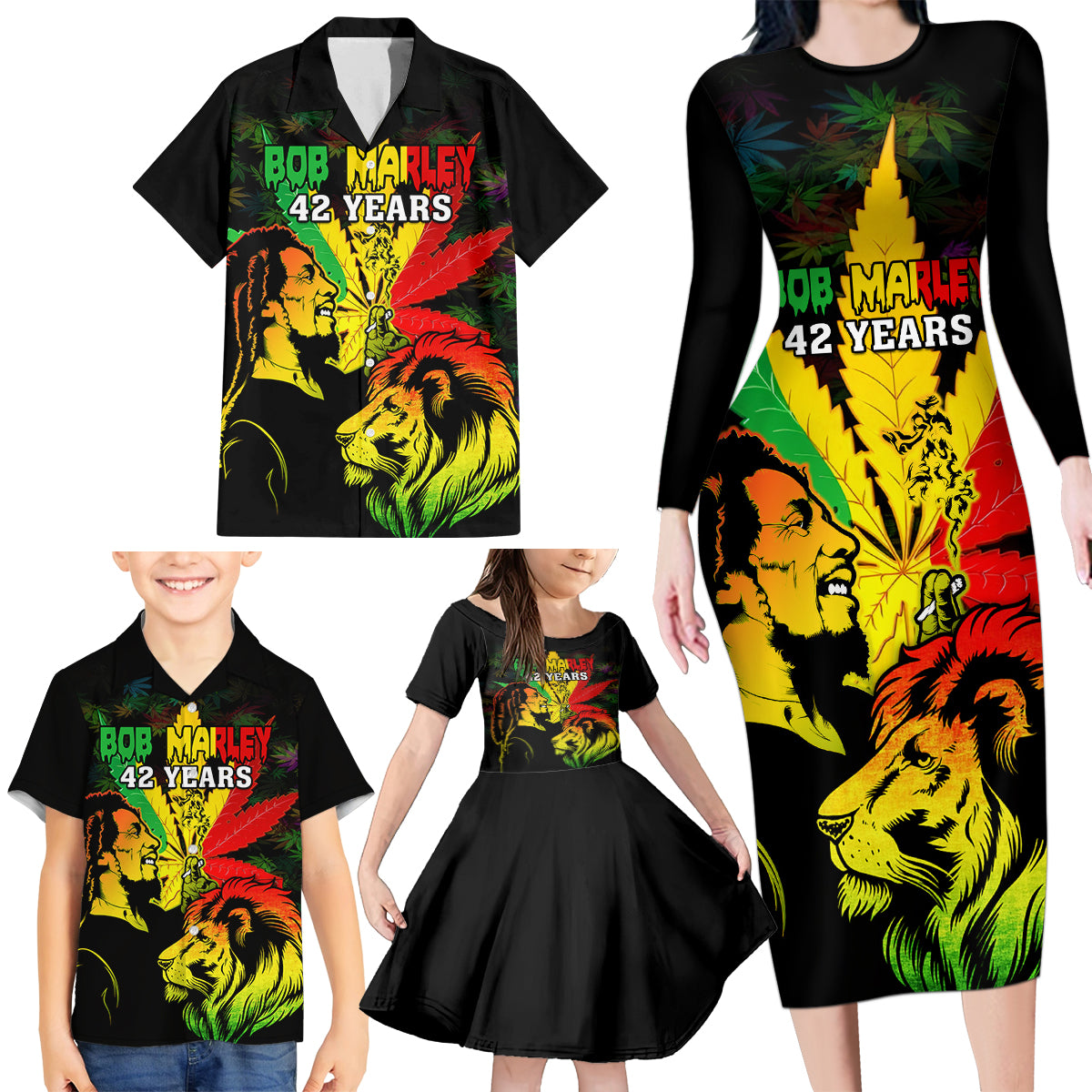 Jamaica Legend Bob Family Matching Long Sleeve Bodycon Dress and Hawaiian Shirt Lion With Cannabis Leaf Pattern - Wonder Print Shop