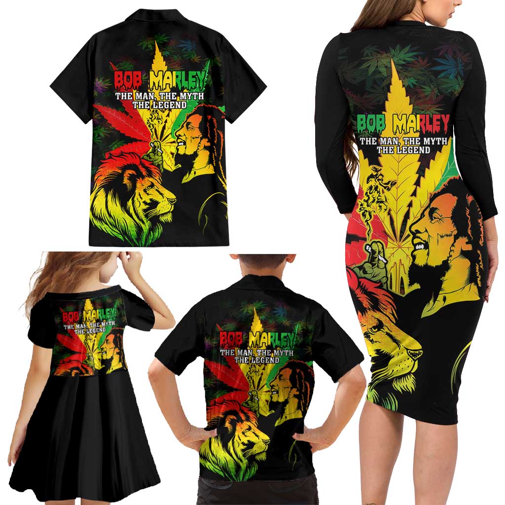 Jamaica Legend Bob Family Matching Long Sleeve Bodycon Dress and Hawaiian Shirt Lion With Cannabis Leaf Pattern LT14