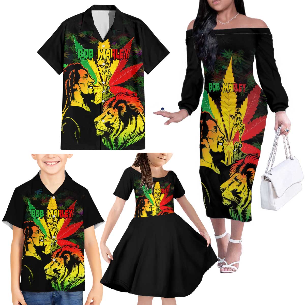 Jamaica Legend Bob Family Matching Off Shoulder Long Sleeve Dress and Hawaiian Shirt Lion With Cannabis Leaf Pattern LT14