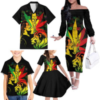 Jamaica Legend Bob Family Matching Off Shoulder Long Sleeve Dress and Hawaiian Shirt Lion With Cannabis Leaf Pattern LT14