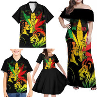 Jamaica Legend Bob Family Matching Off Shoulder Maxi Dress and Hawaiian Shirt Lion With Cannabis Leaf Pattern LT14