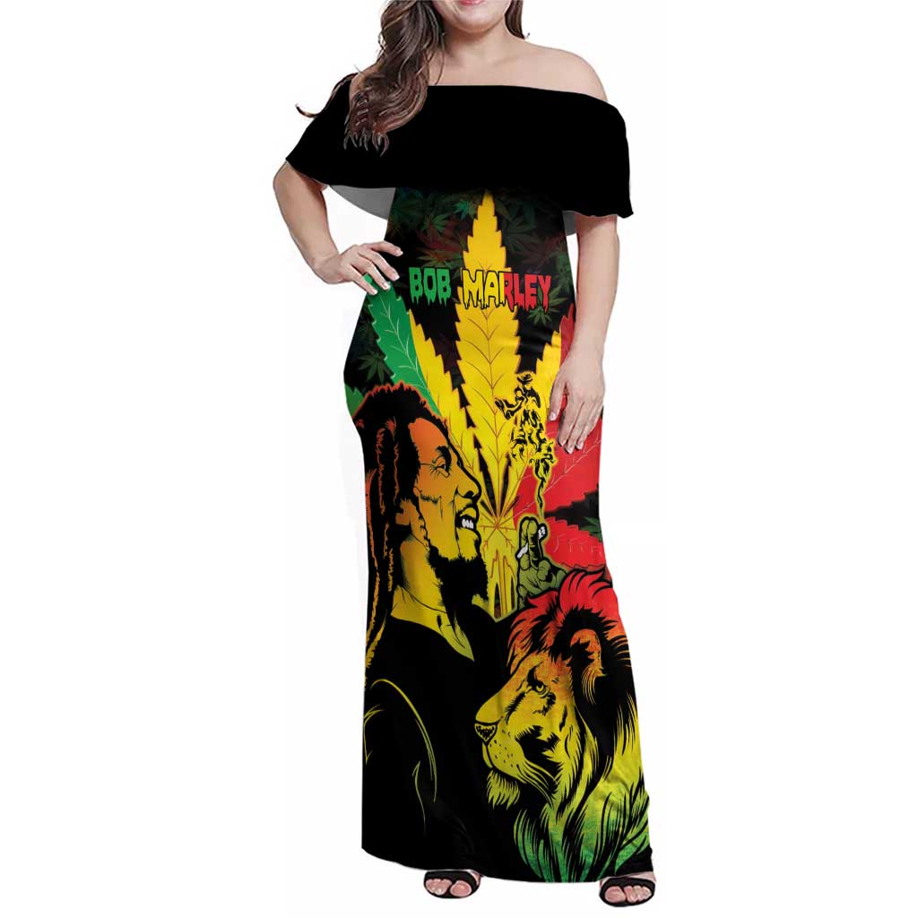 Jamaica Legend Bob Family Matching Off Shoulder Maxi Dress and Hawaiian Shirt Lion With Cannabis Leaf Pattern LT14