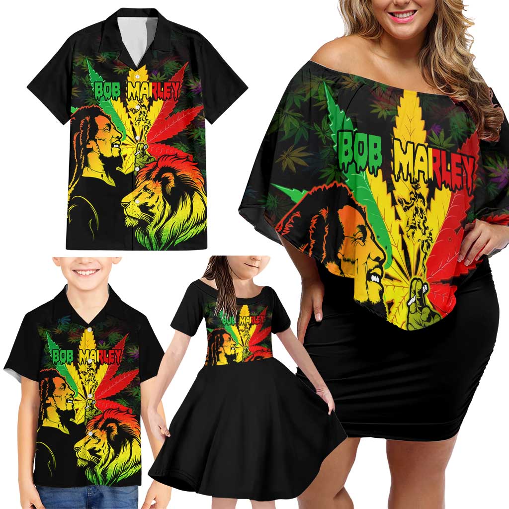 Jamaica Legend Bob Family Matching Off Shoulder Short Dress and Hawaiian Shirt Lion With Cannabis Leaf Pattern LT14