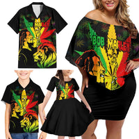 Jamaica Legend Bob Family Matching Off Shoulder Short Dress and Hawaiian Shirt Lion With Cannabis Leaf Pattern LT14