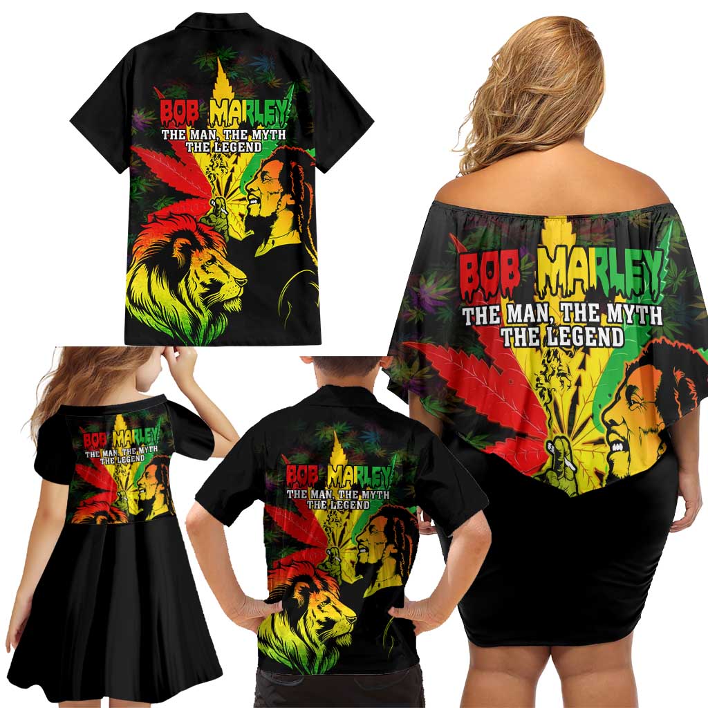 Jamaica Legend Bob Family Matching Off Shoulder Short Dress and Hawaiian Shirt Lion With Cannabis Leaf Pattern LT14