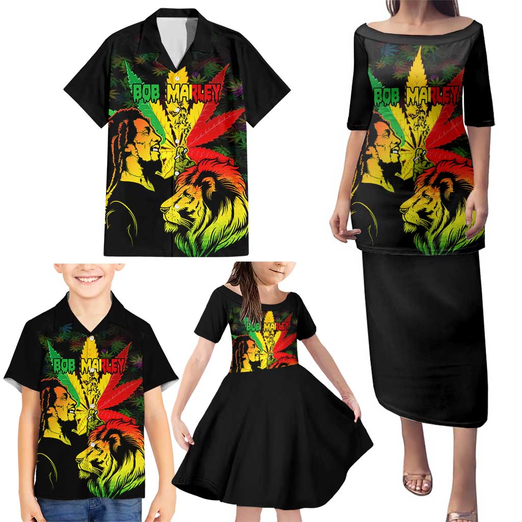 Jamaica Legend Bob Family Matching Puletasi Dress and Hawaiian Shirt Lion With Cannabis Leaf Pattern LT14