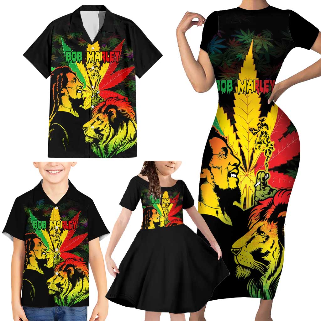 Jamaica Legend Bob Family Matching Short Sleeve Bodycon Dress and Hawaiian Shirt Lion With Cannabis Leaf Pattern LT14