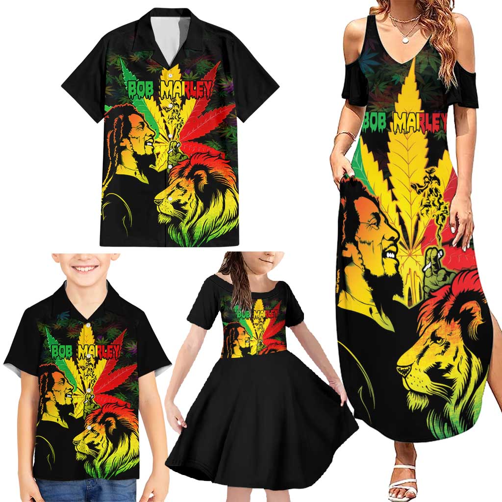 Jamaica Legend Bob Family Matching Summer Maxi Dress and Hawaiian Shirt Lion With Cannabis Leaf Pattern LT14