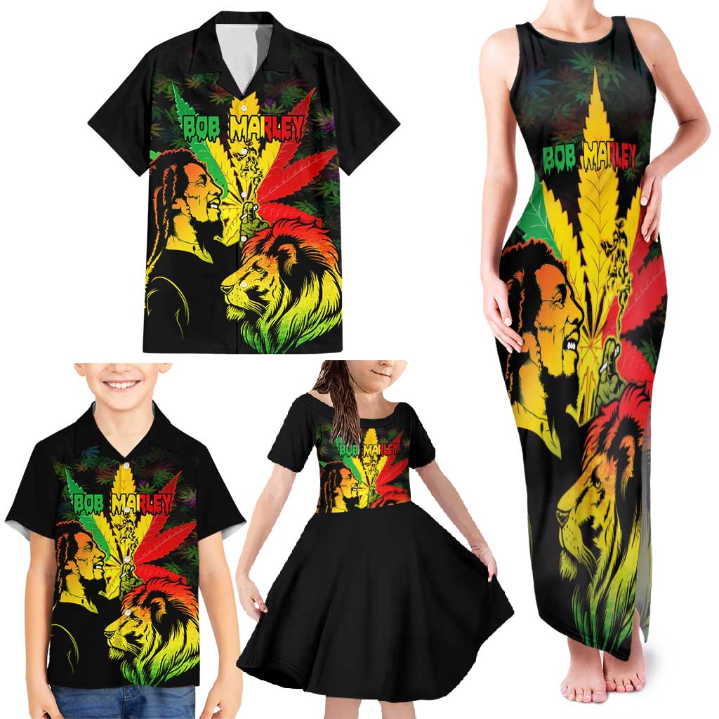 Jamaica Legend Bob Family Matching Tank Maxi Dress and Hawaiian Shirt Lion With Cannabis Leaf Pattern LT14