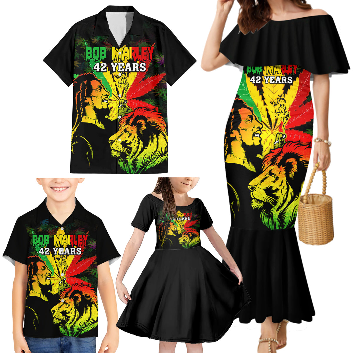 Jamaica Legend Bob Family Matching Mermaid Dress and Hawaiian Shirt Lion With Cannabis Leaf Pattern - Wonder Print Shop