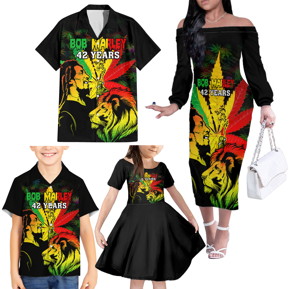 Jamaica Legend Bob Family Matching Off Shoulder Long Sleeve Dress and Hawaiian Shirt Lion With Cannabis Leaf Pattern - Wonder Print Shop