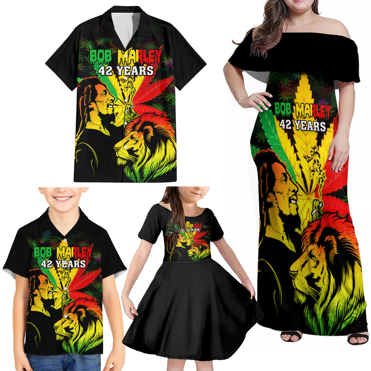 Jamaica Legend Bob Family Matching Off Shoulder Maxi Dress and Hawaiian Shirt Lion With Cannabis Leaf Pattern - Wonder Print Shop