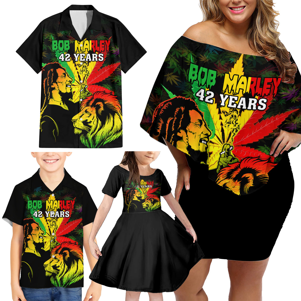 Jamaica Legend Bob Family Matching Off Shoulder Short Dress and Hawaiian Shirt Lion With Cannabis Leaf Pattern - Wonder Print Shop