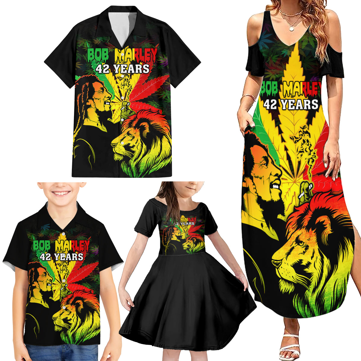 Jamaica Legend Bob Family Matching Summer Maxi Dress and Hawaiian Shirt Lion With Cannabis Leaf Pattern - Wonder Print Shop