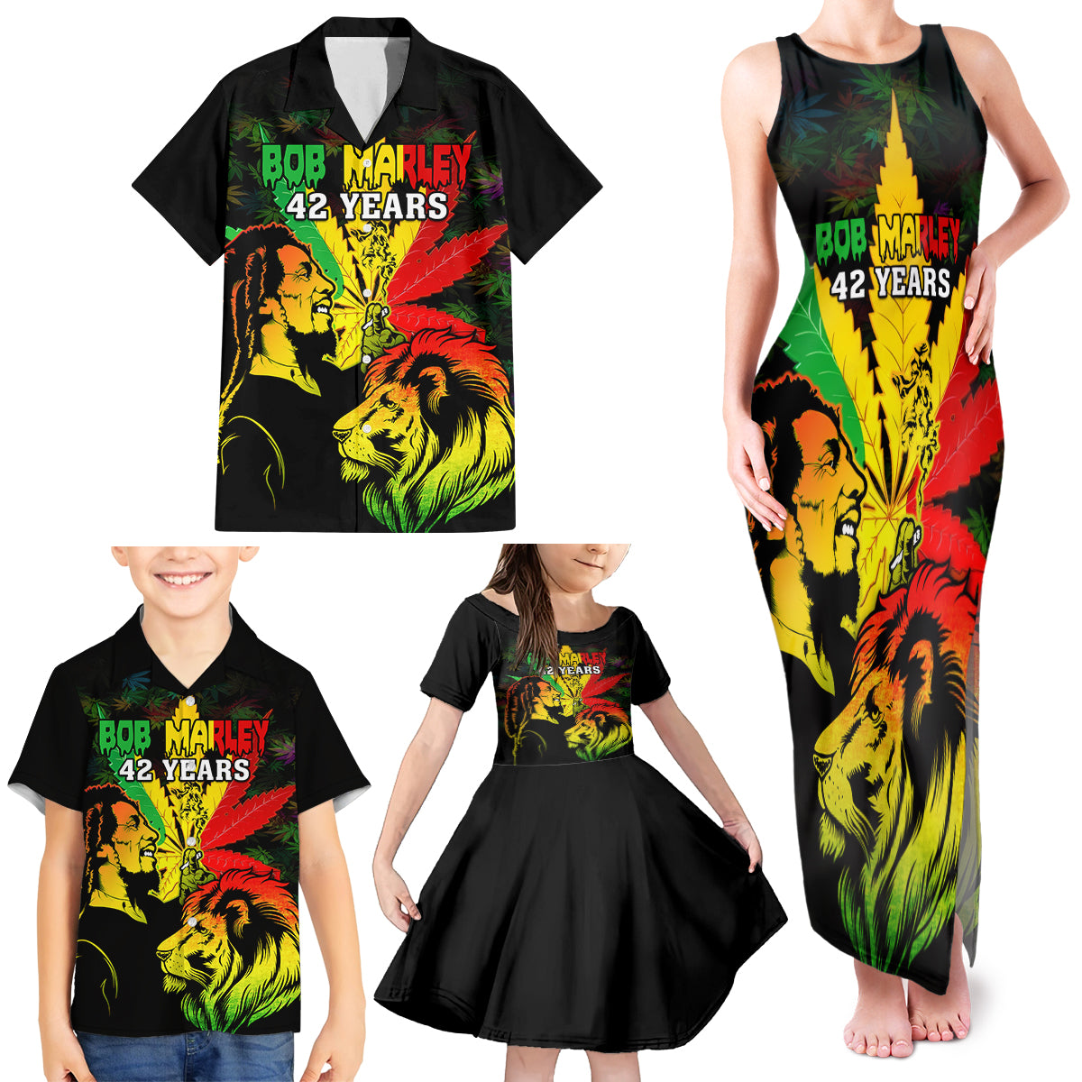 Jamaica Legend Bob Family Matching Tank Maxi Dress and Hawaiian Shirt Lion With Cannabis Leaf Pattern - Wonder Print Shop