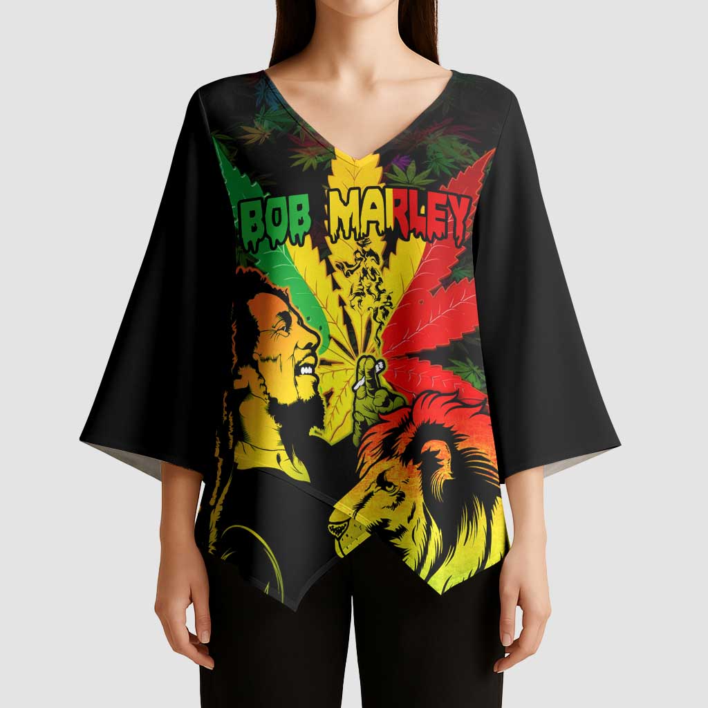 Jamaica Legend Bob Kimono Sleeve Blouse Lion With Cannabis Leaf Pattern - Wonder Print Shop