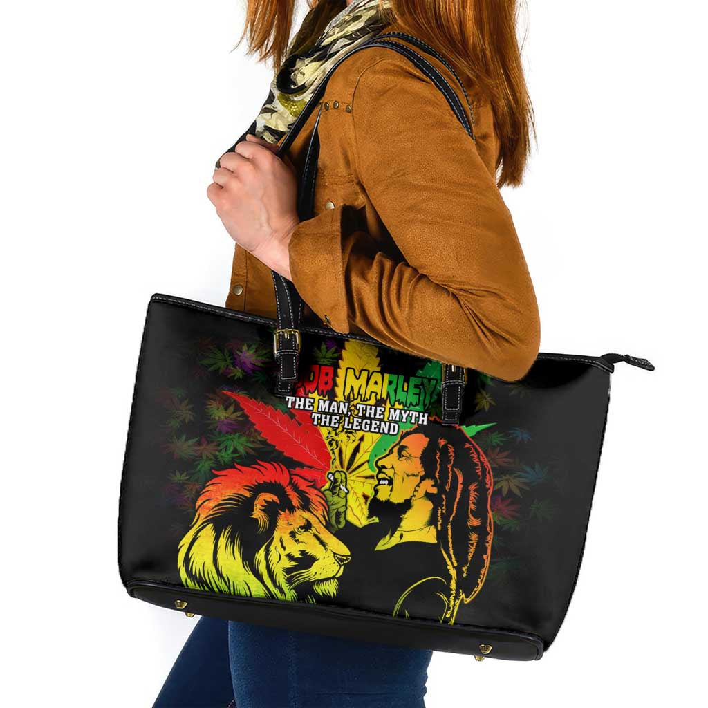 Jamaica Legend Bob Leather Tote Bag Lion With Cannabis Leaf Pattern - Wonder Print Shop