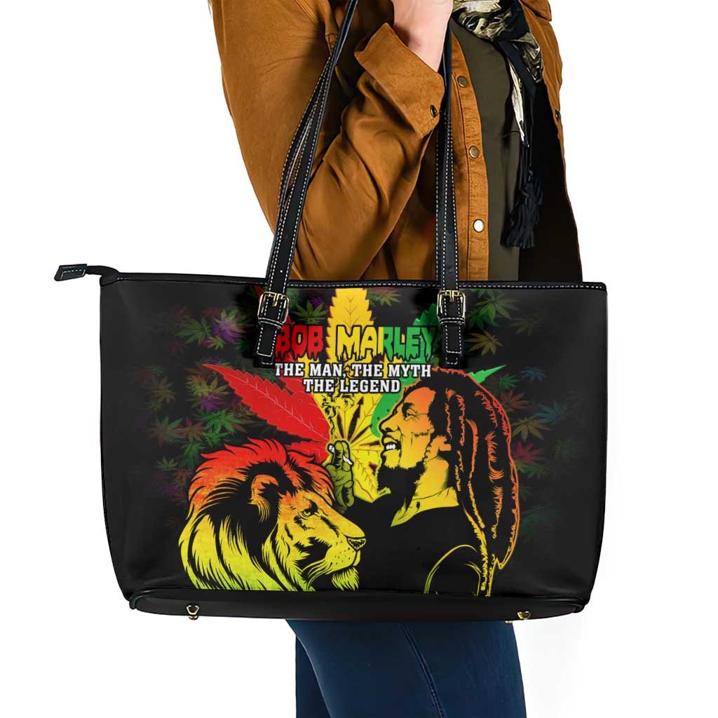 Jamaica Legend Bob Leather Tote Bag Lion With Cannabis Leaf Pattern - Wonder Print Shop