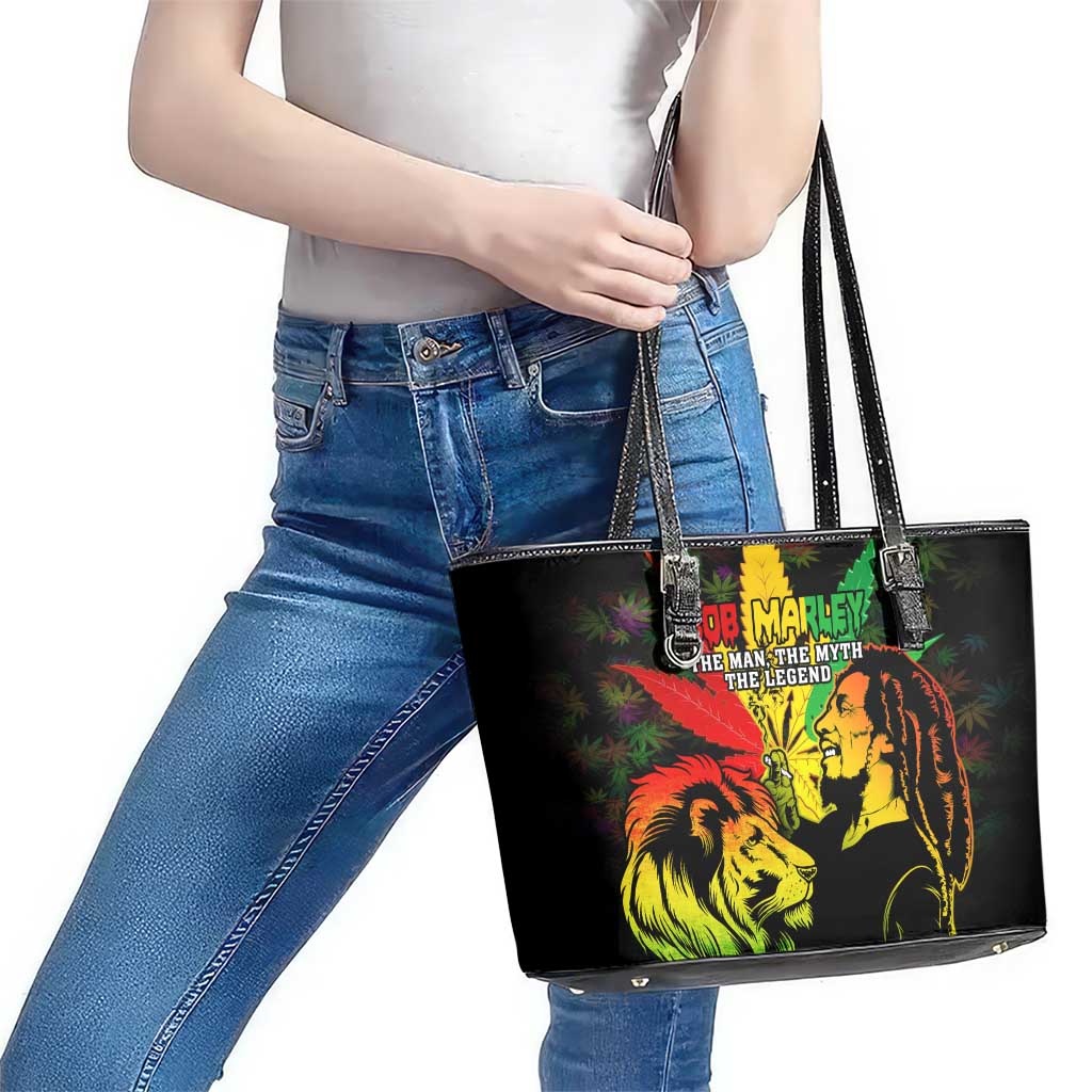 Jamaica Legend Bob Leather Tote Bag Lion With Cannabis Leaf Pattern - Wonder Print Shop
