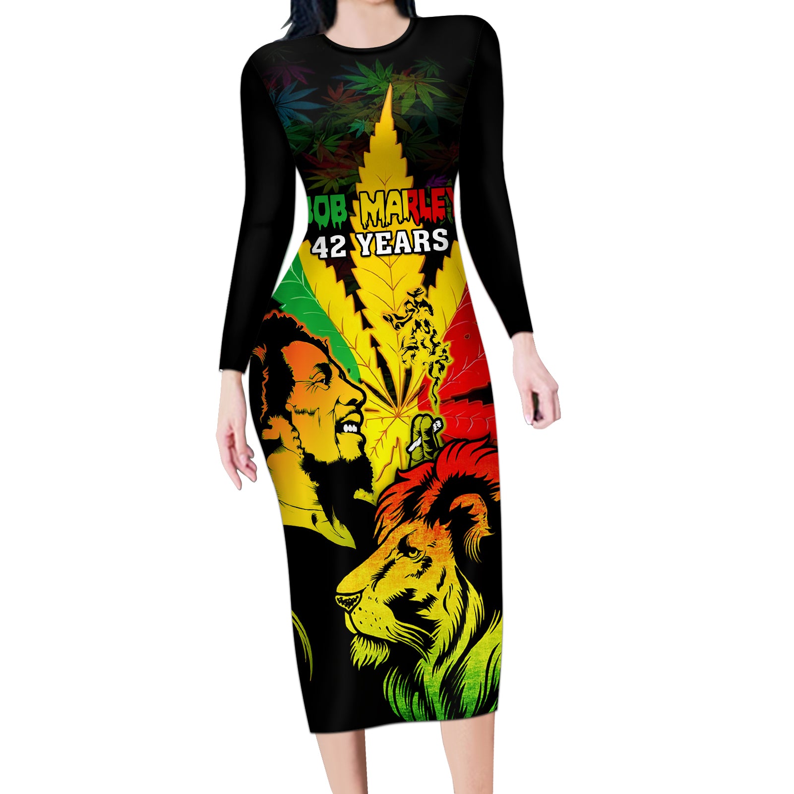 Jamaica Legend Bob Long Sleeve Bodycon Dress Lion With Cannabis Leaf Pattern - Wonder Print Shop
