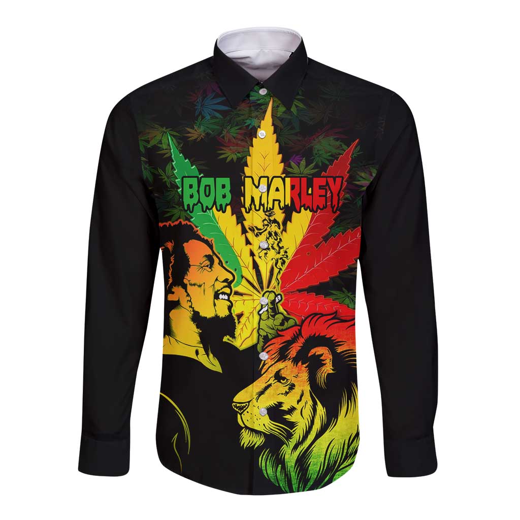 Jamaica Legend Bob Long Sleeve Button Shirt Lion With Cannabis Leaf Pattern LT14