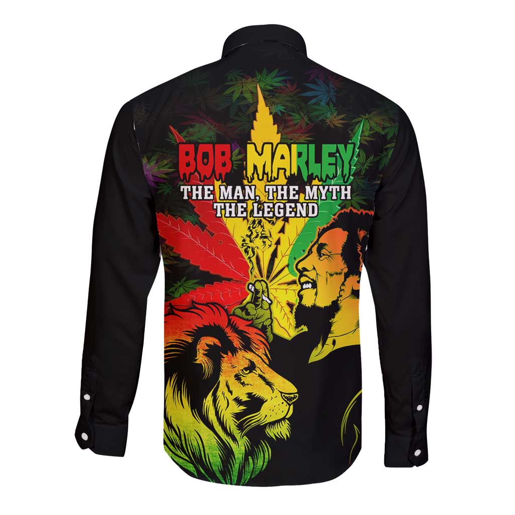 Jamaica Legend Bob Long Sleeve Button Shirt Lion With Cannabis Leaf Pattern LT14