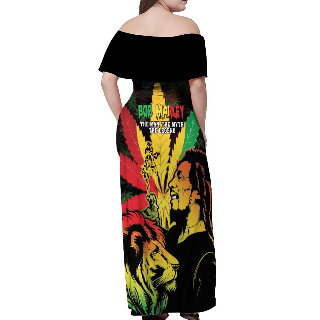 Jamaica Legend Bob Off Shoulder Maxi Dress Lion With Cannabis Leaf Pattern LT14