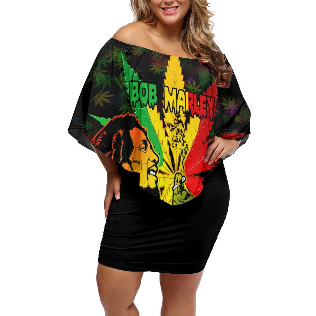 Jamaica Legend Bob Off Shoulder Short Dress Lion With Cannabis Leaf Pattern LT14