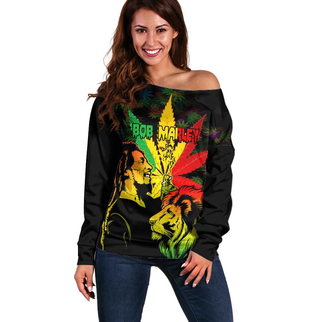 Jamaica Legend Bob Off Shoulder Sweater Lion With Cannabis Leaf Pattern LT14