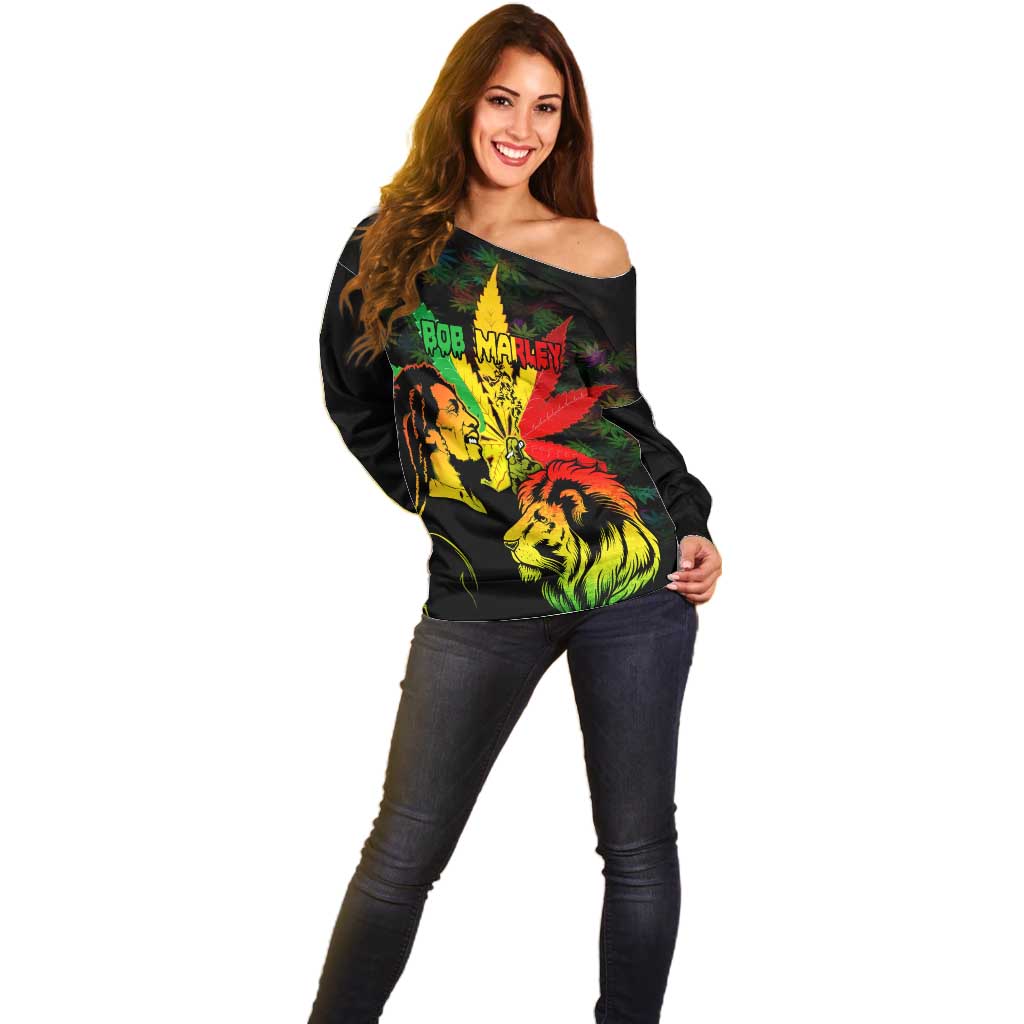 Jamaica Legend Bob Off Shoulder Sweater Lion With Cannabis Leaf Pattern LT14