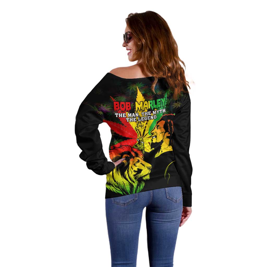Jamaica Legend Bob Off Shoulder Sweater Lion With Cannabis Leaf Pattern LT14