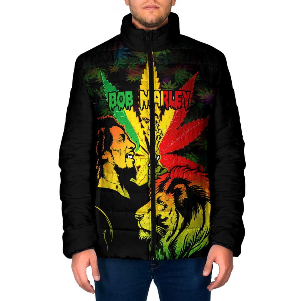 Jamaica Legend Bob Padded Jacket Lion With Cannabis Leaf Pattern - Wonder Print Shop