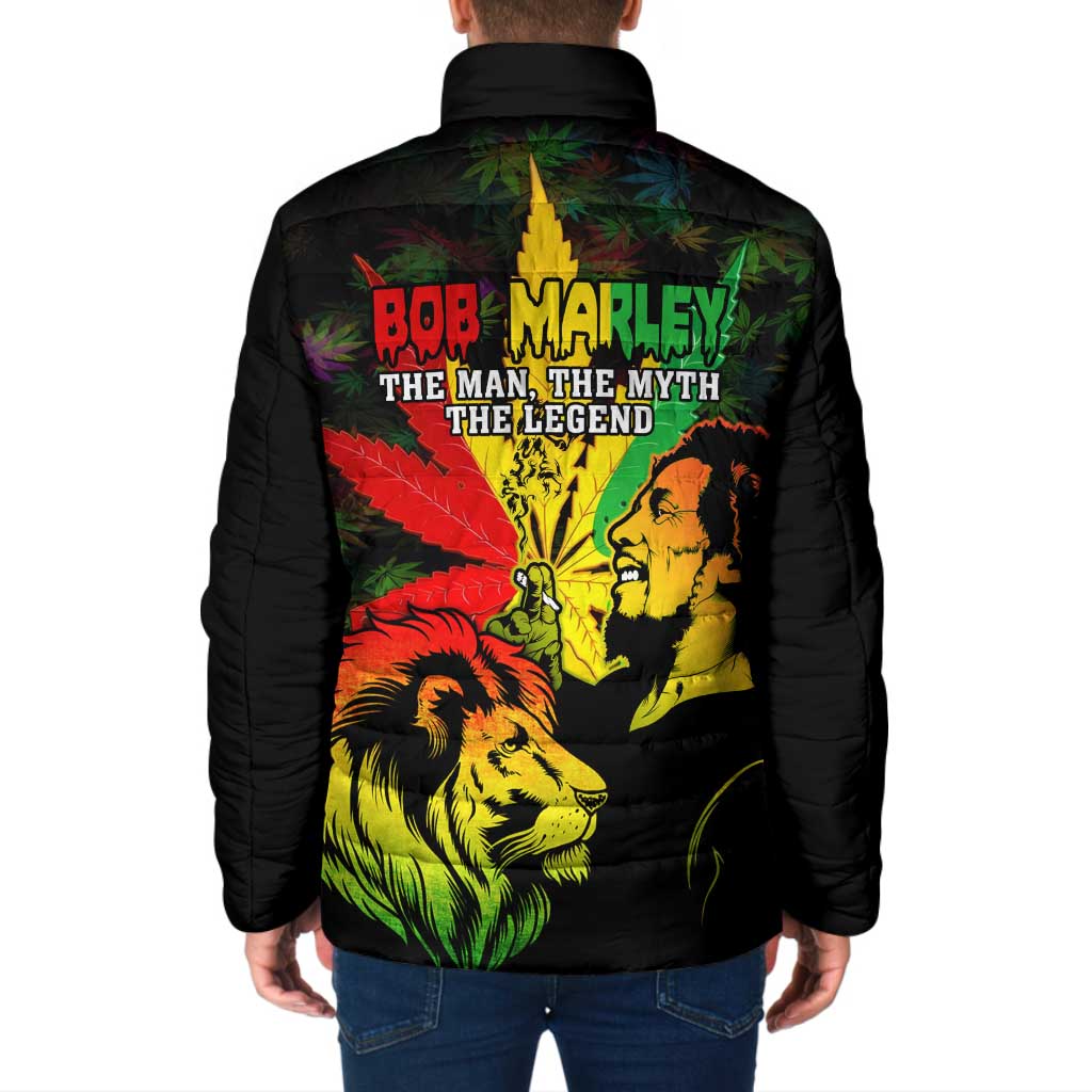 Jamaica Legend Bob Padded Jacket Lion With Cannabis Leaf Pattern - Wonder Print Shop