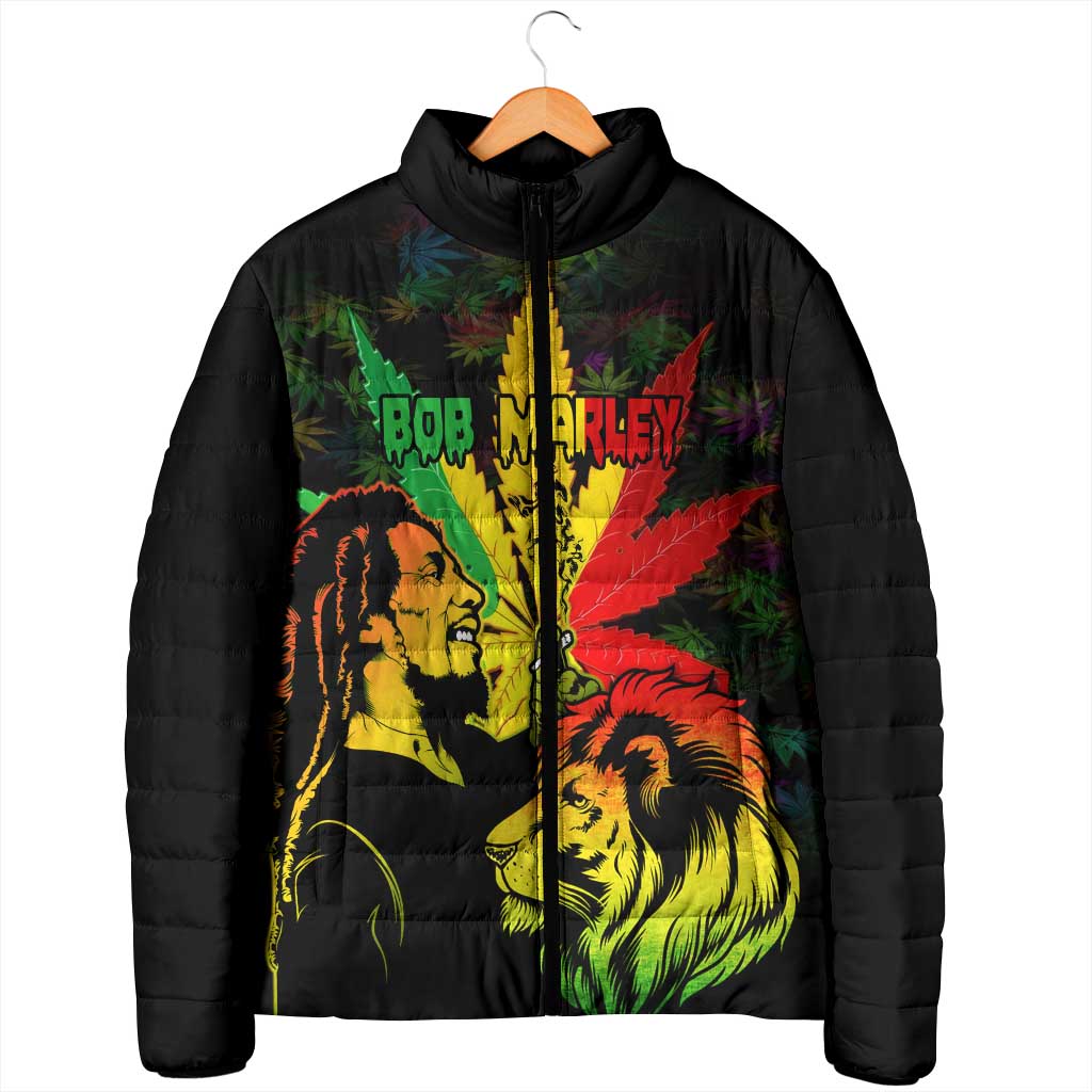 Jamaica Legend Bob Padded Jacket Lion With Cannabis Leaf Pattern - Wonder Print Shop