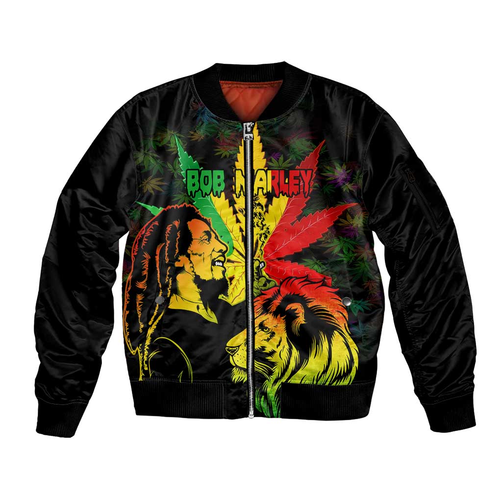 Jamaica Legend Bob Sleeve Zip Bomber Jacket Lion With Cannabis Leaf Pattern LT14