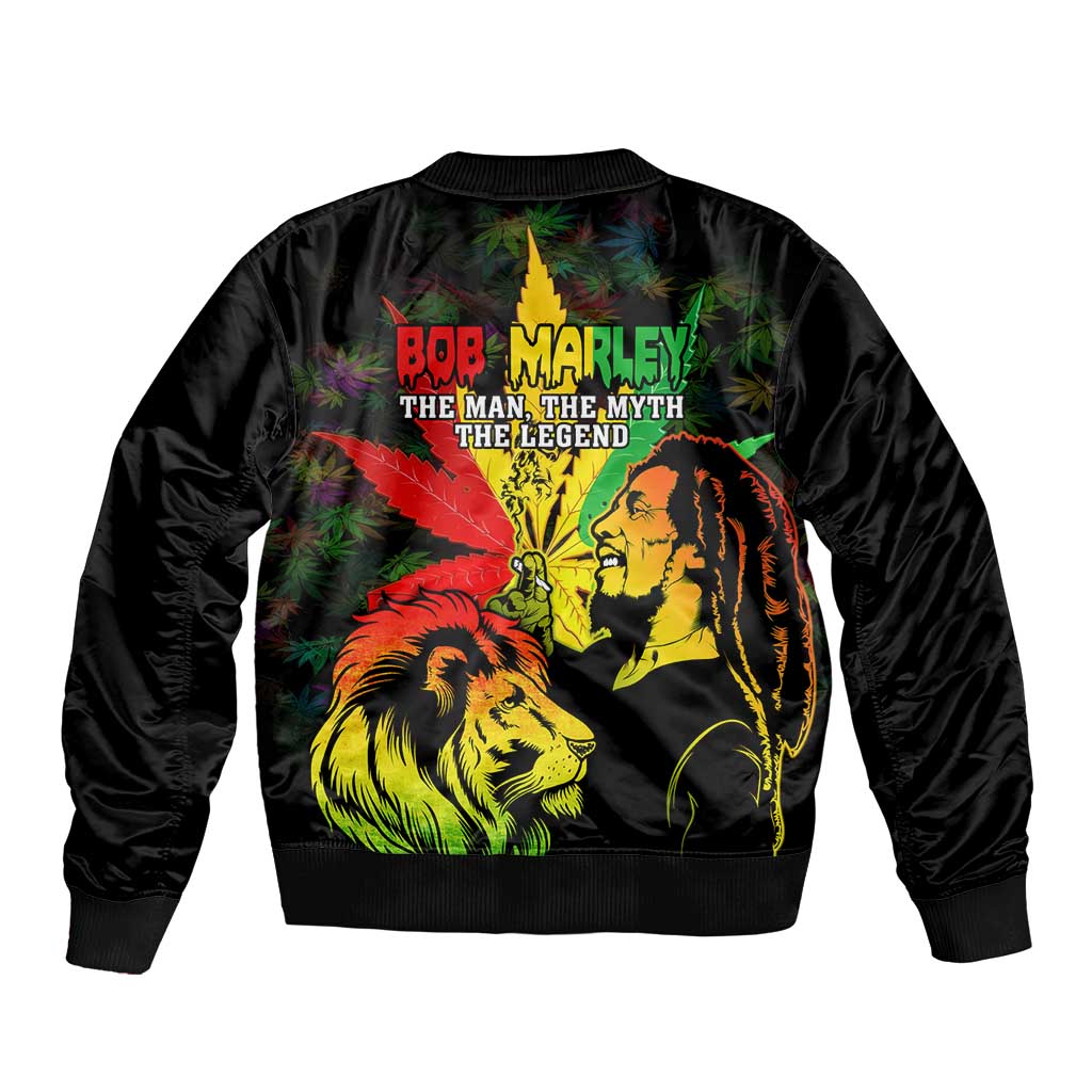 Jamaica Legend Bob Sleeve Zip Bomber Jacket Lion With Cannabis Leaf Pattern LT14
