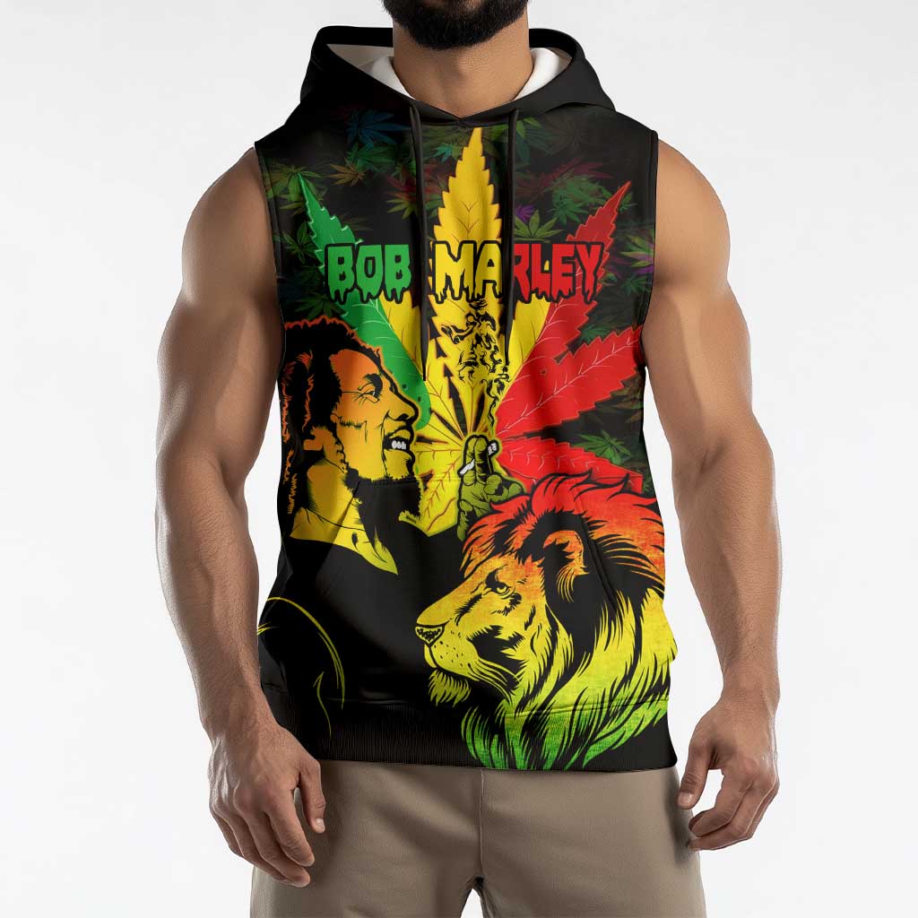Jamaica Legend Bob Sleeveless Hoodie Lion With Cannabis Leaf Pattern - Wonder Print Shop
