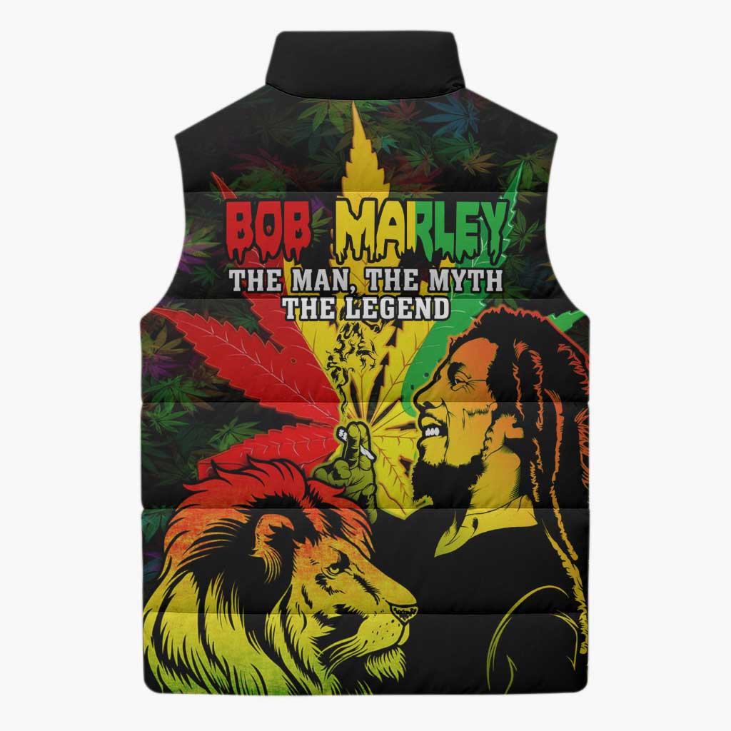 Jamaica Legend Bob Sleeveless Puffer Jacket Lion With Cannabis Leaf Pattern - Wonder Print Shop
