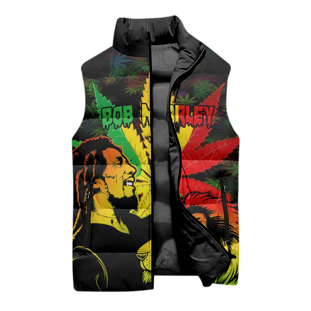 Jamaica Legend Bob Sleeveless Puffer Jacket Lion With Cannabis Leaf Pattern - Wonder Print Shop