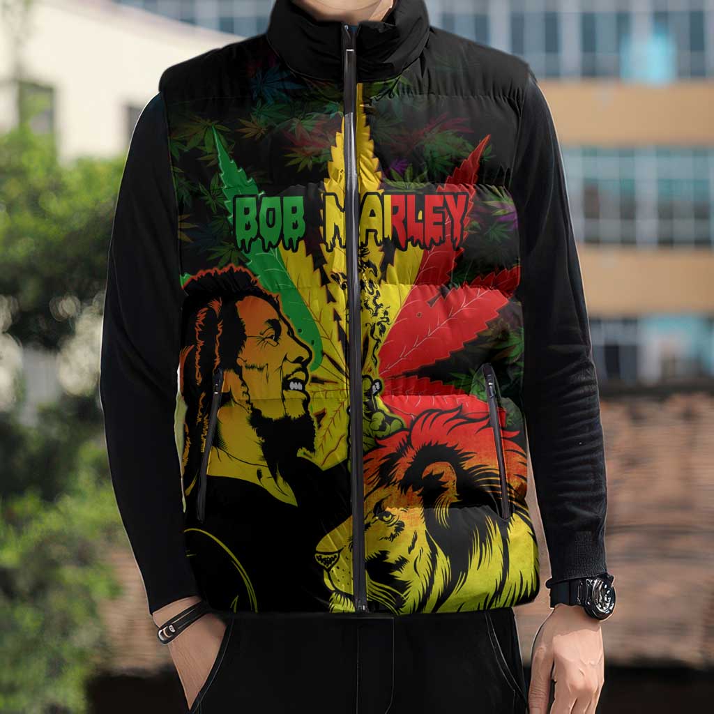 Jamaica Legend Bob Sleeveless Puffer Jacket Lion With Cannabis Leaf Pattern - Wonder Print Shop
