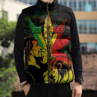 Jamaica Legend Bob Sleeveless Puffer Jacket Lion With Cannabis Leaf Pattern - Wonder Print Shop